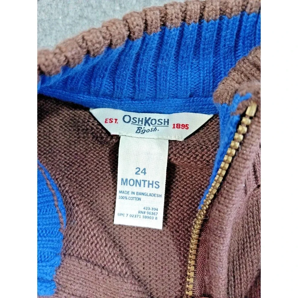 Oshkosh Bgosh Brown Pullover 1/4 Zip Sweater Blue Trim Boys 24M New With Tags